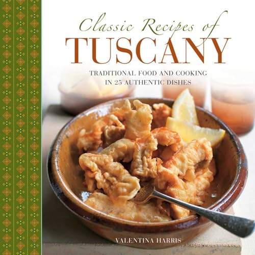 Cookbook cover: “Classic Recipes of Tuscany” with fried food image.