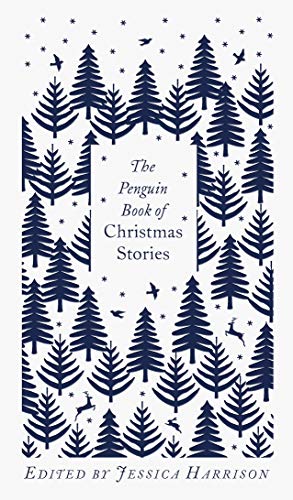 Book cover with dark blue pine trees, birds, and deer on a white background.