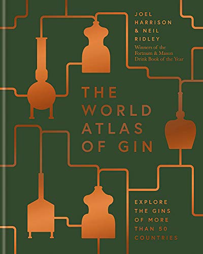 Book cover: “The World Atlas of Gin” with illustrated distilling equipment.
