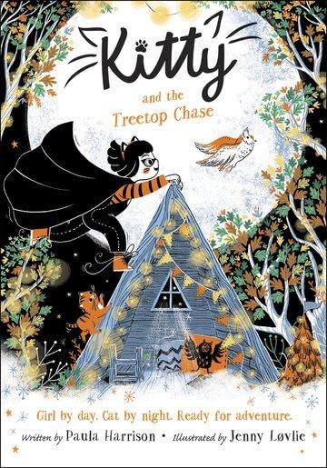 A girl in a cat costume leaps toward a blue A-frame tent in a forest.