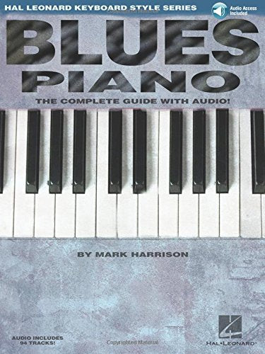 Blues Piano instructional book cover with a piano keyboard background.