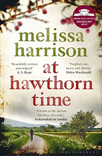 Book cover: “At Hawthorn Time” by Melissa Harrison, with a rural landscape.
