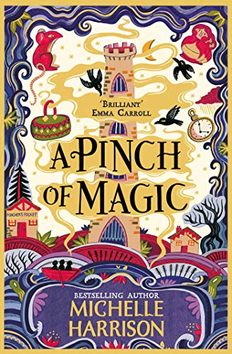 Book cover illustration featuring a central tower, swirling smoke, birds, and whimsical landscape elements.