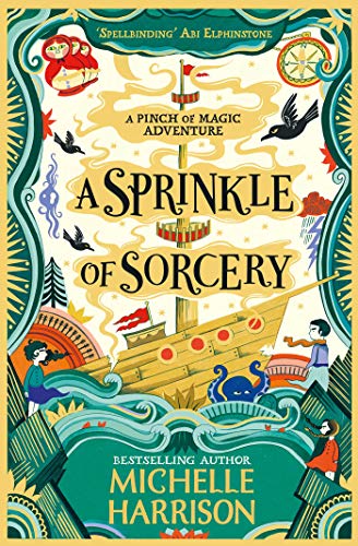 Book cover: illustrated ship, children, octopus, and magical elements in teal and gold.