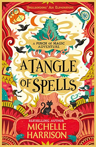 Book cover for A Tangle of Spells featuring a stylized tree, cat, and birds.