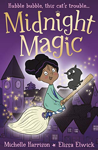A young girl and a black cat fly on a broomstick over a town.