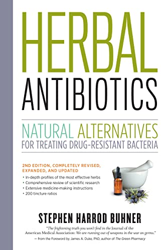 Book cover: "Herbal Antibiotics," 2nd Edition, with herbs and a mortar & pestle.