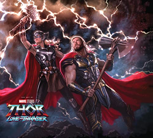 Thor and Mighty Thor wielding hammers amidst a stormy, colorful backdrop.