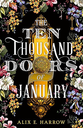 Book cover with ornate golden door surrounded by colorful flowers and keys.