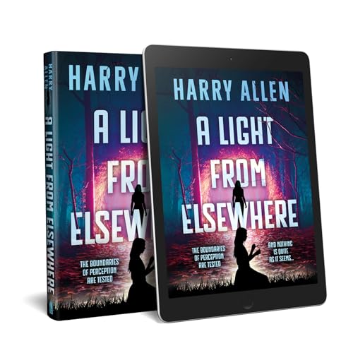 Book cover: dark forest scene with silhouetted figures and bright light.