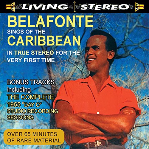 Harry Belafonte wearing a red shirt against a blue sky on a music album.