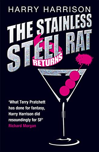 Book cover: "The Stainless Steel Rat Returns" with martini glass.