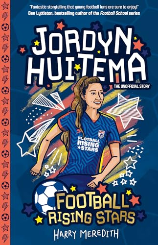 Book cover illustration of footballer Jordyn Huitema with a soccer ball and star graphics.