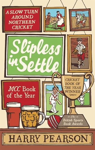 Book cover with cricket scenes, a trophy, and pint glasses.