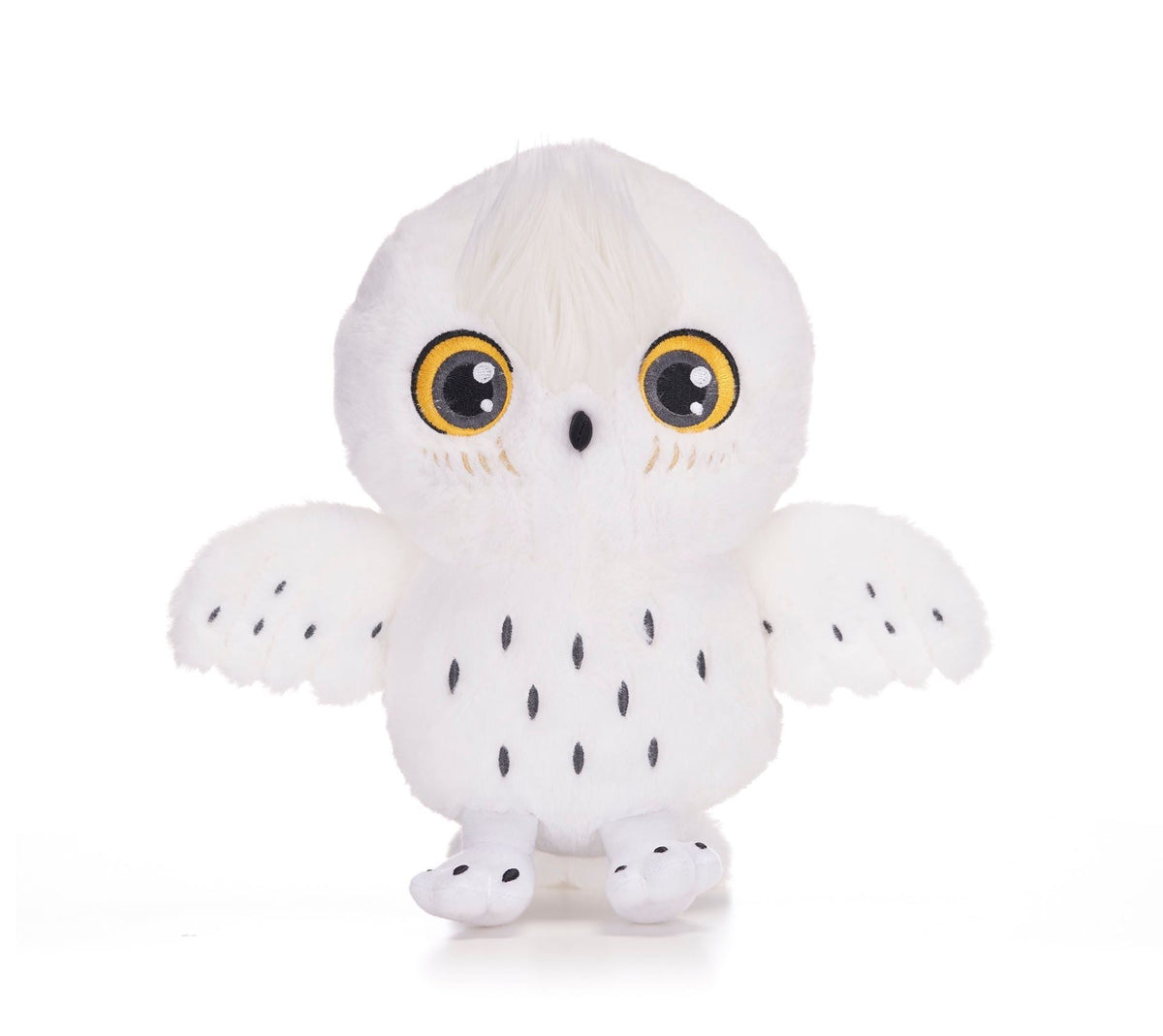 White, fluffy Hedwig owl plush toy with large yellow eyes.