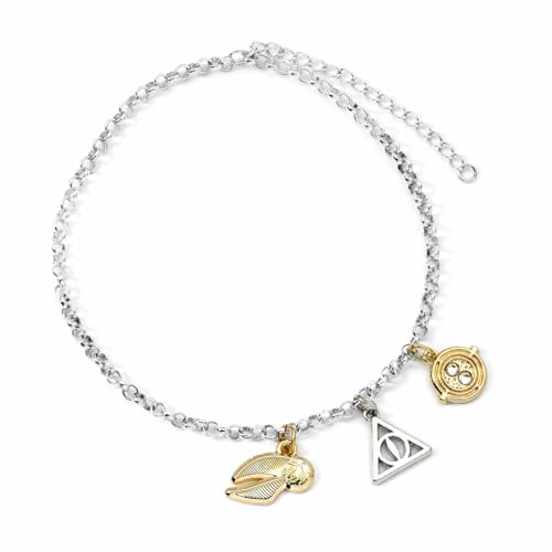 Silver chain bracelet with three Harry Potter themed gold and silver charms.
