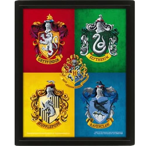 Framed print of four Hogwarts house crests in divided colors.