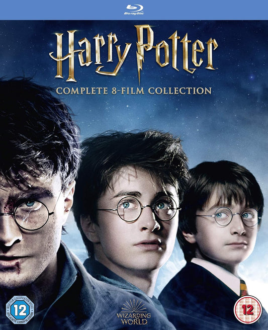 "Harry Potter Blu-ray cover featuring three images of Harry Potter at different ages."