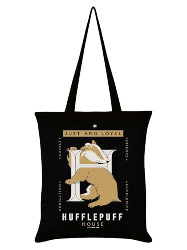 Black tote bag with Hufflepuff house badger and text design.