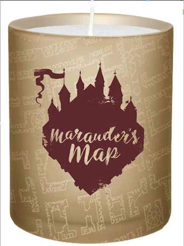Tan candle decorated with Hogwarts castle and "Marauder's Map" text.