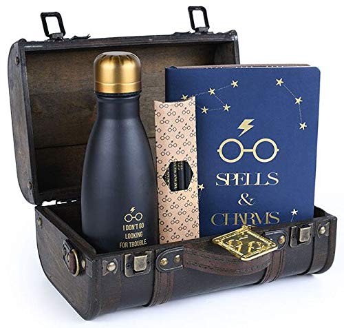 Open brown Hogwarts trunk with water bottle, journal, and stationery.