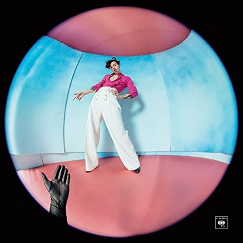 Harry Styles wearing a pink shirt and white trousers inside a fisheye lens view.
