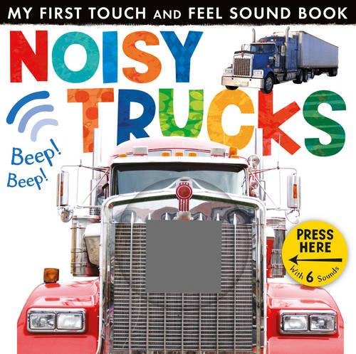 Cover of “Noisy Trucks” children’s book featuring large trucks and sound buttons.