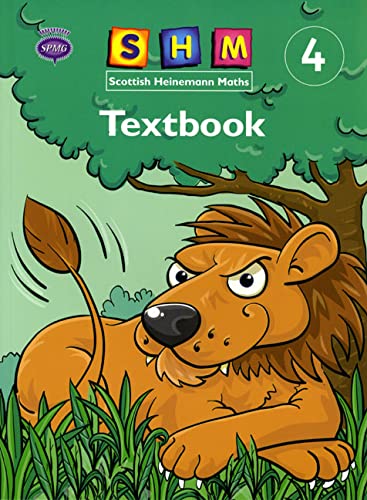 Scottish Heinemann Maths 4 textbook cover featuring a cartoon lion in the grass.