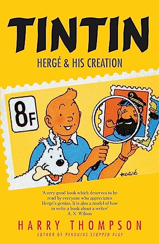 Book cover: Tintin and Snowy with a magnifying glass, yellow background.