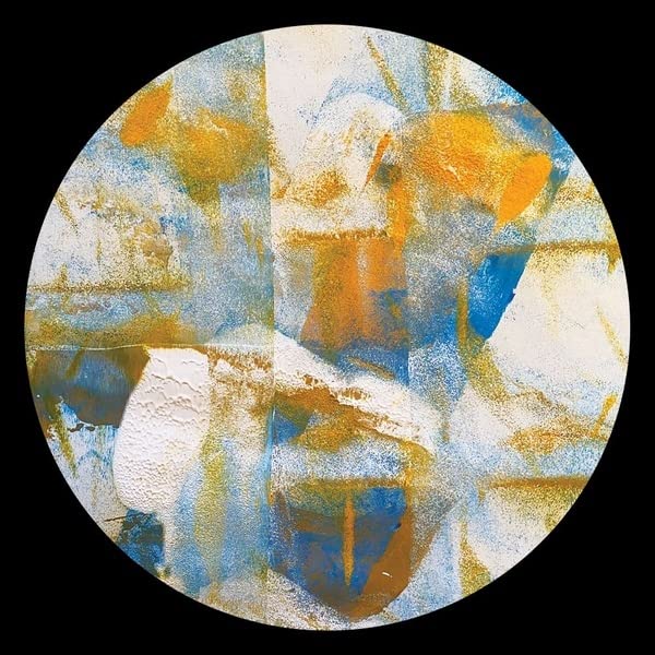 Circular vinyl record artwork with abstract blue, white, and gold brushstrokes.