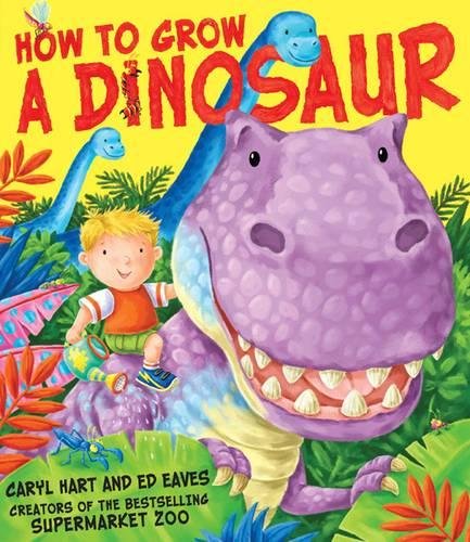 A young boy with a watering can sits on a large, purple, smiling dinosaur.