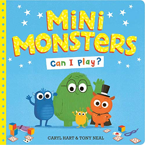 Book cover: “Mini Monsters: Can I Play?” featuring colorful monster characters.