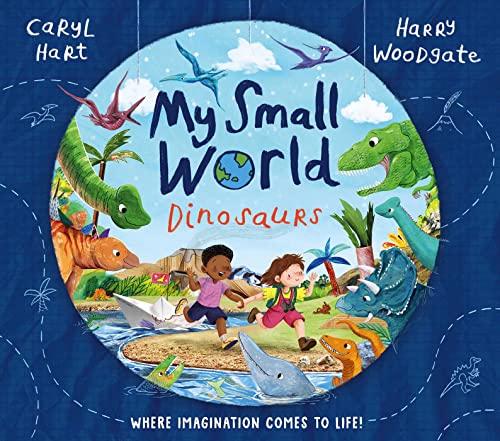 Book cover showing two children running through a landscape populated by colorful cartoon dinosaurs.