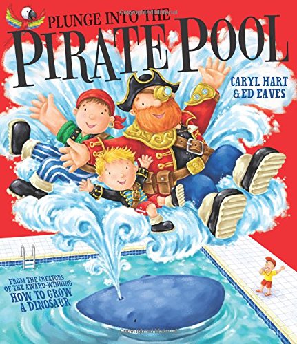 Children and a pirate splash in a blue swimming pool.