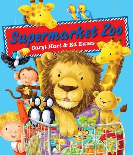 Book cover: colorful animals amongst supermarket produce and a child.