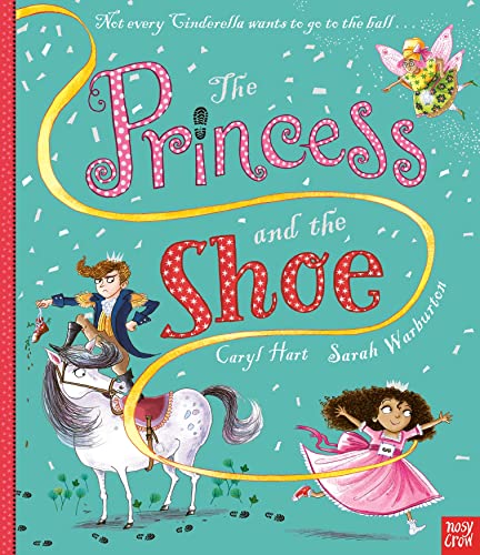 Book cover: princess, boy on horse, and a large red shoe.