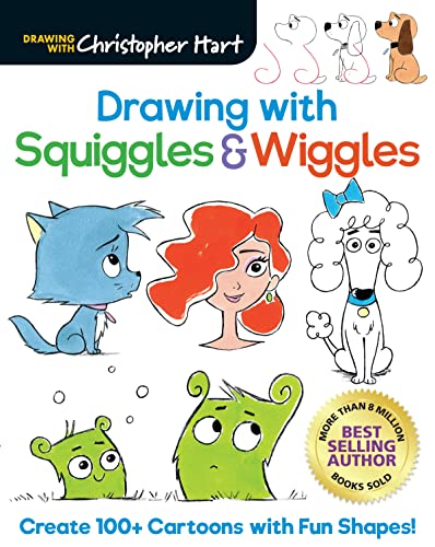 Book cover featuring cartoon characters and the title "Drawing with Squiggles & Wiggles".
