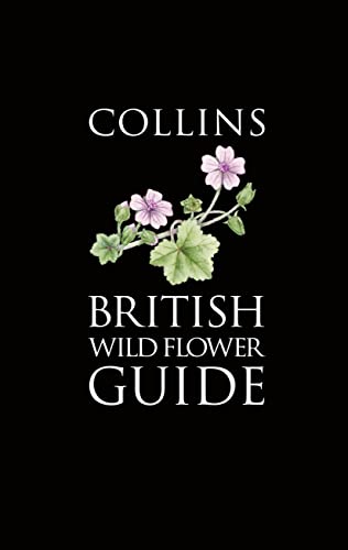 Book cover for Collins British Wild Flower Guide with pink flowers on black background.