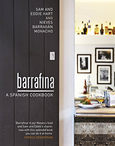 Cookbook cover: "Barrafina: A Spanish Cookbook" with a bar scene.