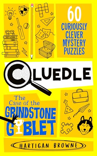 Book cover for Cluedle: The Case of the Grindstone Goblet with yellow background illustrations.
