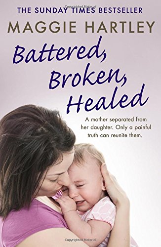 Book cover: mother and baby embrace, title “Battered, Broken, Healed”.