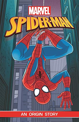 Spider-Man hanging upside down on a comic book cover, city backdrop.