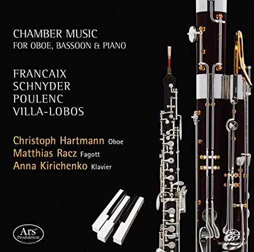 CD cover featuring an oboe, bassoon, and piano keys against a dark background.