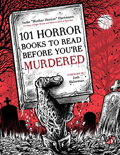 Book cover showing a zombie hand holding a book in a spooky graveyard.