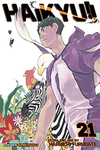 Manga cover featuring a volleyball player surrounded by a zebra, leopard, eagle, and parrot.