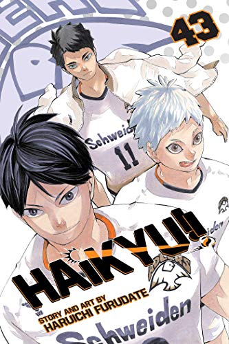 Manga cover featuring three volleyball players in white uniforms with the title Haikyu!! 43.