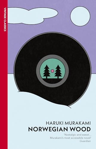 Book cover for "Norwegian Wood" with abstract forest and sun imagery.