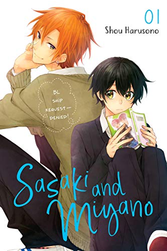 Manga cover with two young men, one holding a book, against white.