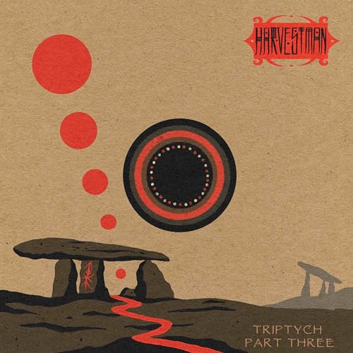 Album cover with megaliths, red circles, and a central black target design.