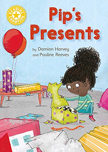 Book cover: girl opening a green gift with a cat, balloons nearby.